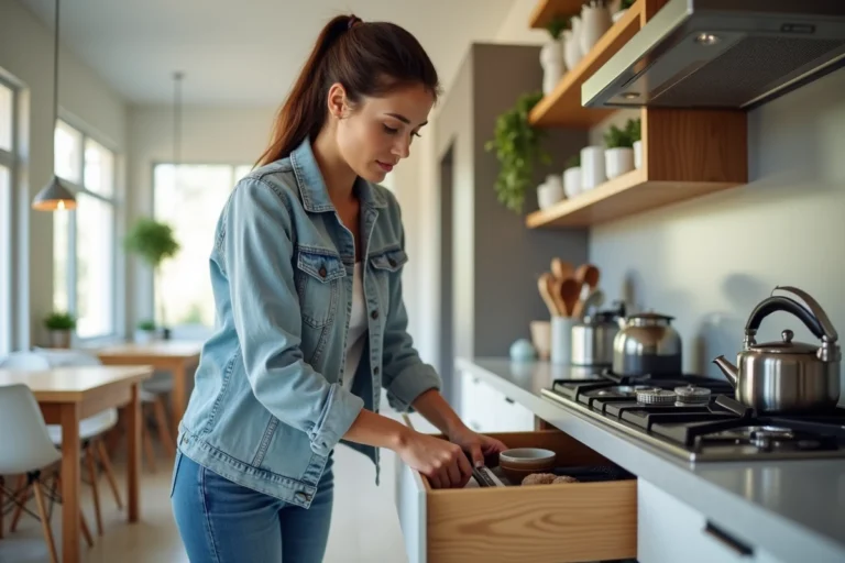 Femme organisée dans une cuisine moderne et lumineuse