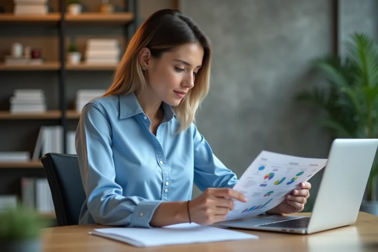 Femme professionnelle examine un sitemap dans un bureau lumineux