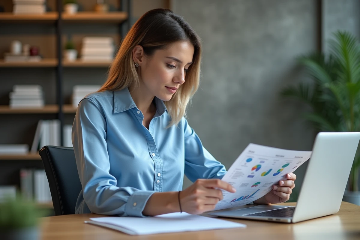 Femme professionnelle examine un sitemap dans un bureau lumineux
