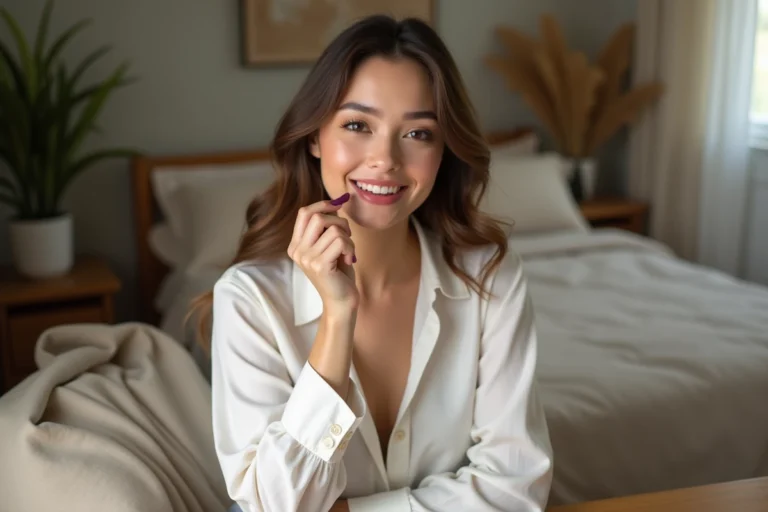 Femme appliquant un rouge à lèvres tendance sur un fond chaleureux