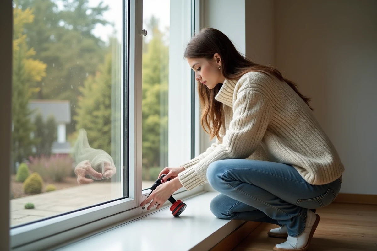 Jeune femme calfeutrant une fenêtre avec pistolet à calfeutrer