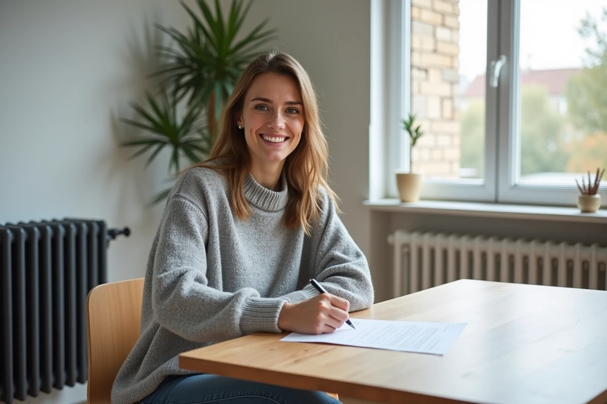 Jeune femme souriante signant un contrat immobilier intérieur