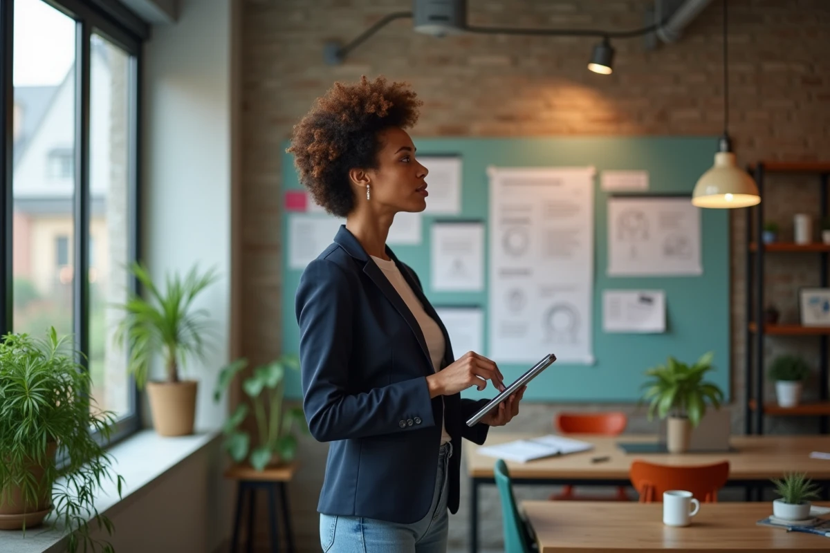 Femme confiante dans une agence créative avec tablette