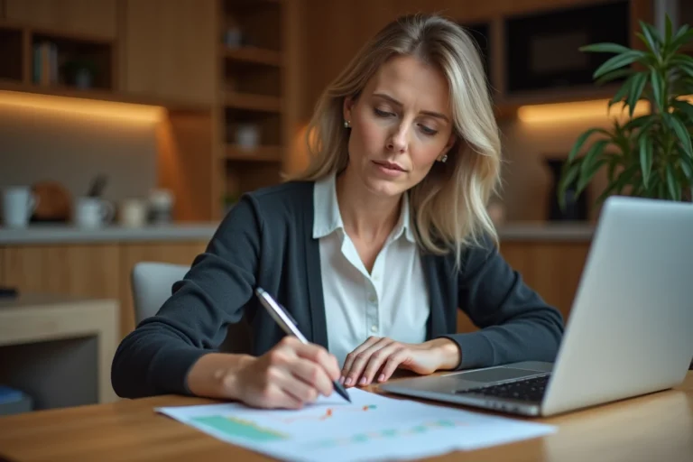 Femme en blouse et cardigan travaillant à la maison