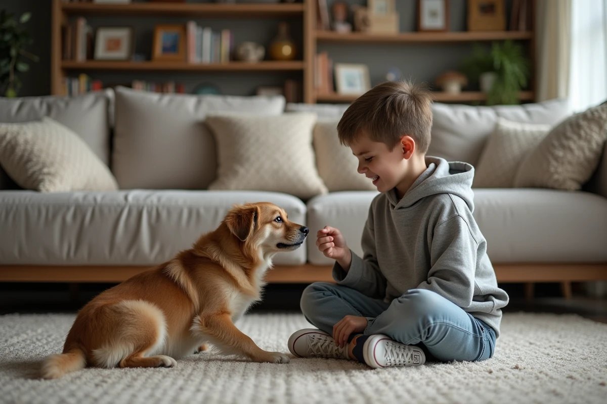Garçon récompensant un chien dans un salon cosy