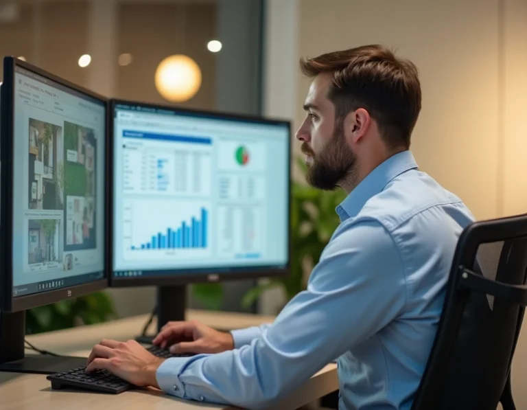 Homme utilisant un logiciel de gestion de bureau propriétaire ITEA Prop sur un écran d'ordinateur dans un open space moderne