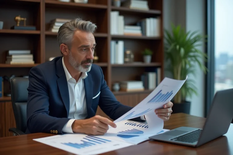 Homme en costume examinant des documents financiers dans un bureau moderne pour optimiser la gestion de son patrimoine