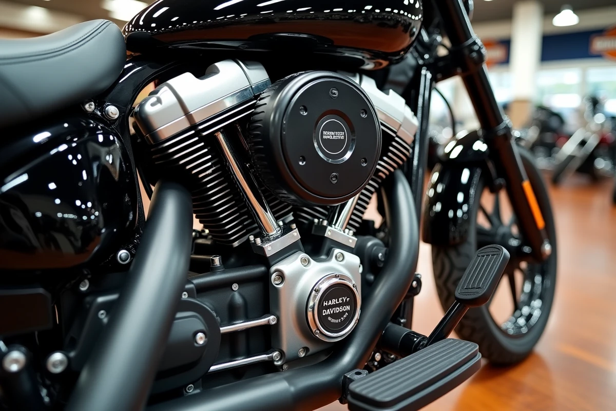 Gros plan détaillé du moteur Milwaukee-Eight d'une Harley Davidson en concession spécialisée
