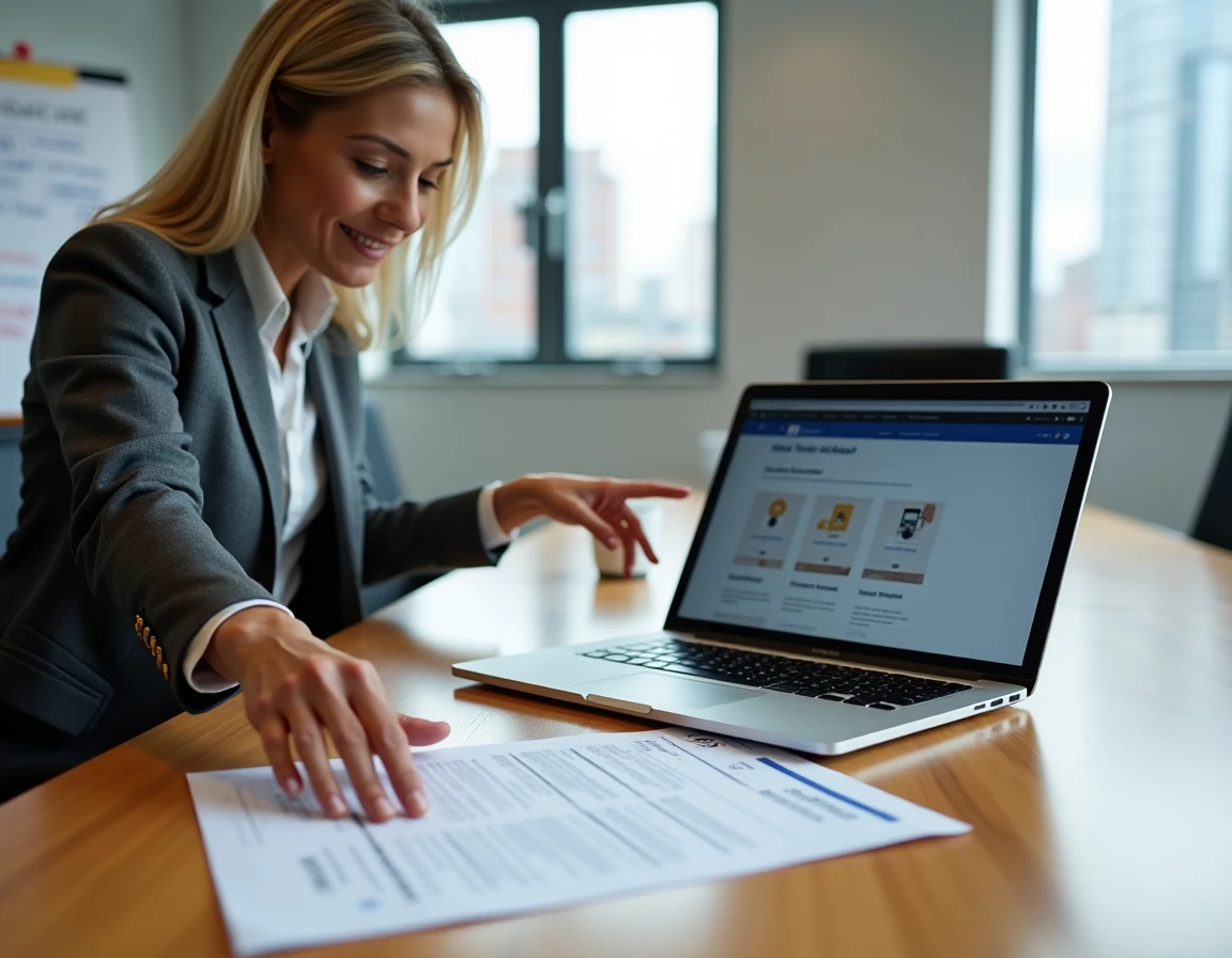 Femme consultant un guide pratique étape par étape pour maîtriser le bureau propriétaire ITEA Prop en salle de réunion