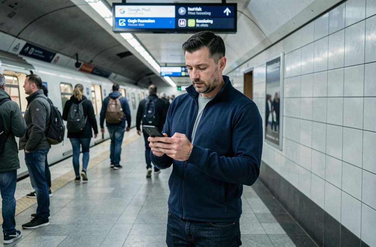 Homme utilisant son smartphone Android Google Pixel dans une station de métro pour personnaliser ses applications
