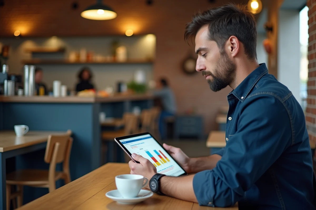 Homme utilisant une application de suivi budgétaire sur tablette dans un café urbain moderne