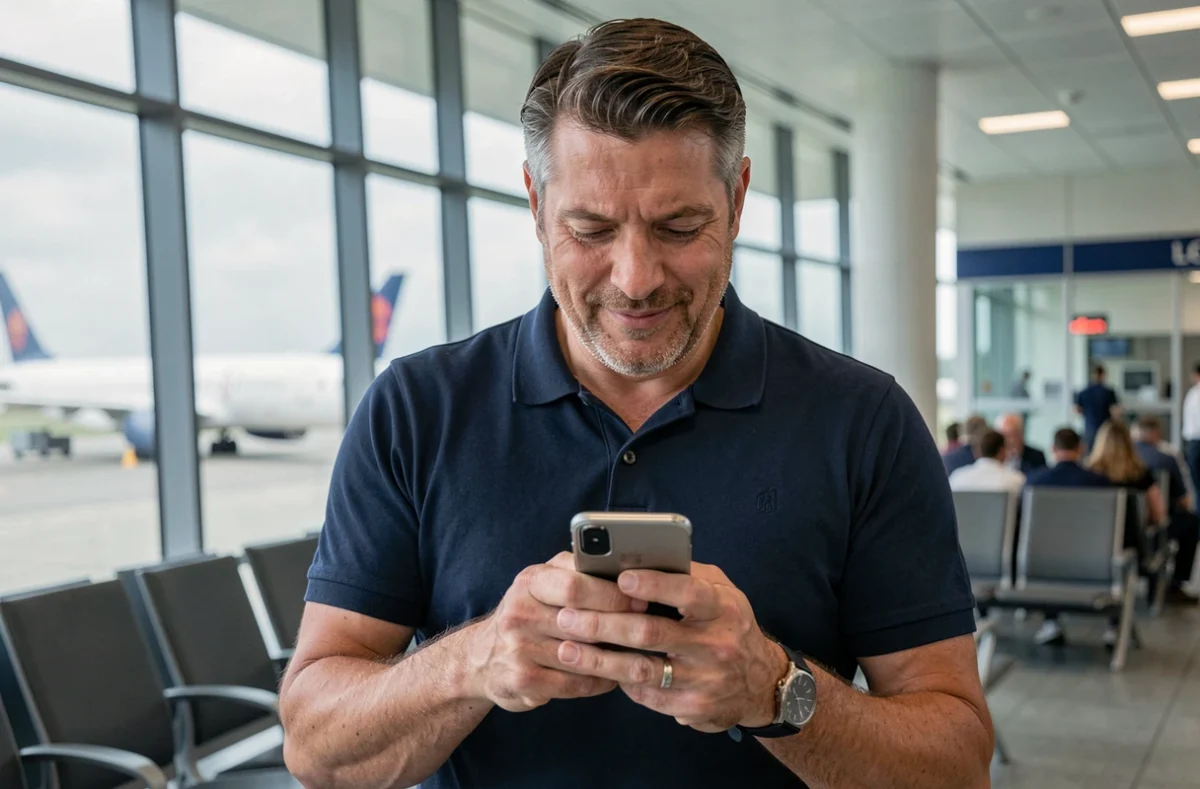 Homme consultant sa réservation de vol sur smartphone dans un terminal d'aéroport moderne