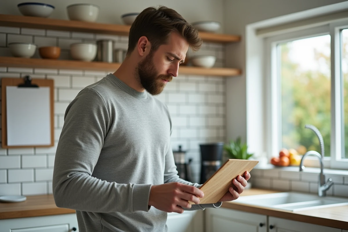 Homme lisant une note manuscrite dans une cuisine moderne, évoquant une réflexion sur l'orthographe de rendez-vous pris