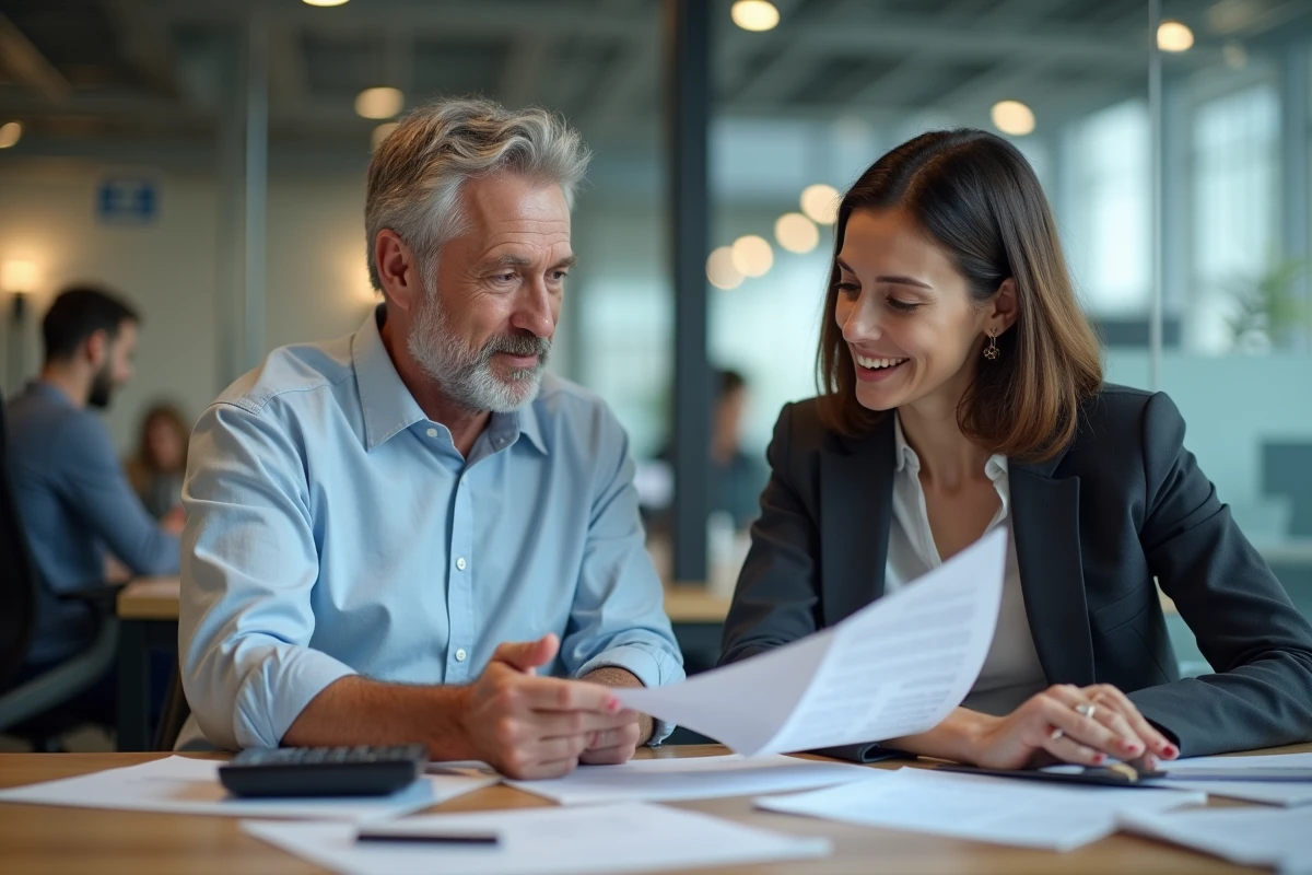 Homme et conseiller RH discutant documents au bureau