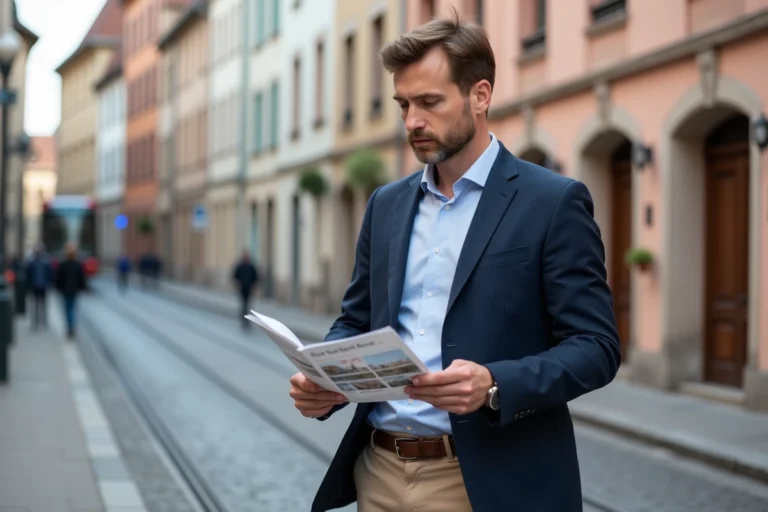 Homme d'affaires à Mulhouse regardant une brochure immobilière