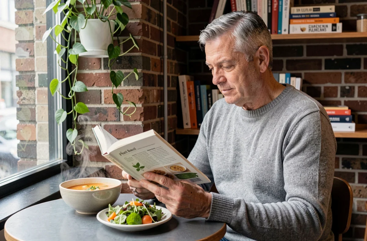 Homme lisant un livre de recettes végétales à table avec une soupe de légumes, dans un appartement cosy aux briques apparentes