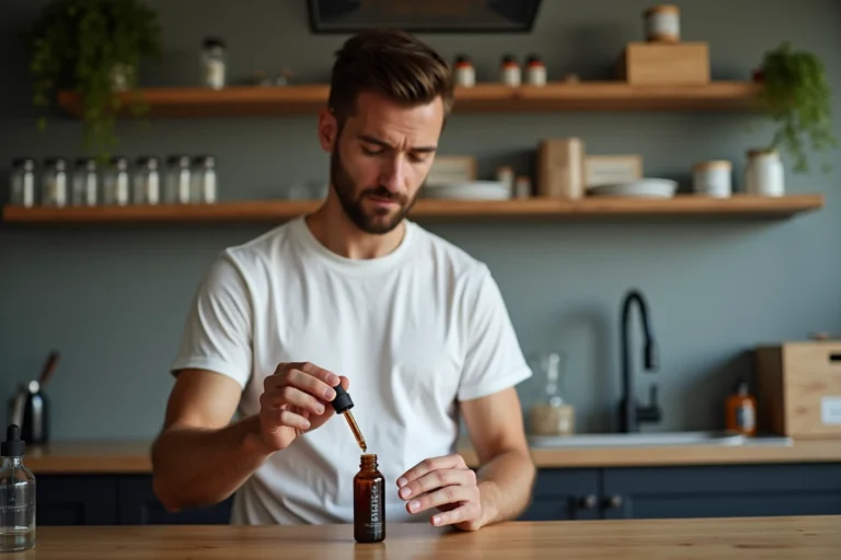 Homme mesurant un concentré dans une cuisine moderne