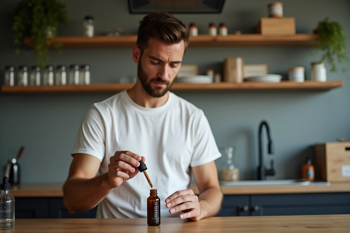 Homme mesurant un concentré dans une cuisine moderne