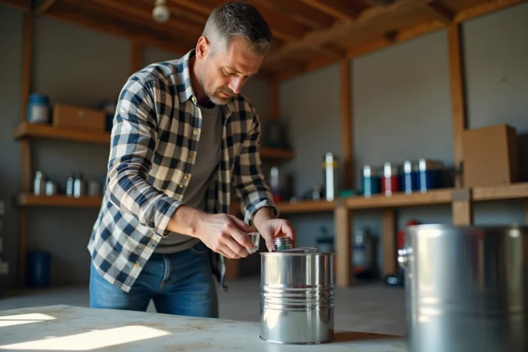 Homme mesurant de l'eau dans un pot de peinture dans un garage