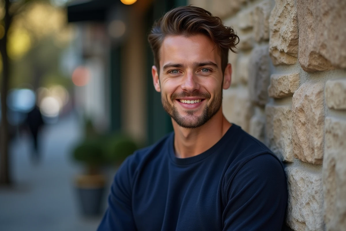 Homme affichant ses lèvres ombré dans un décor urbain