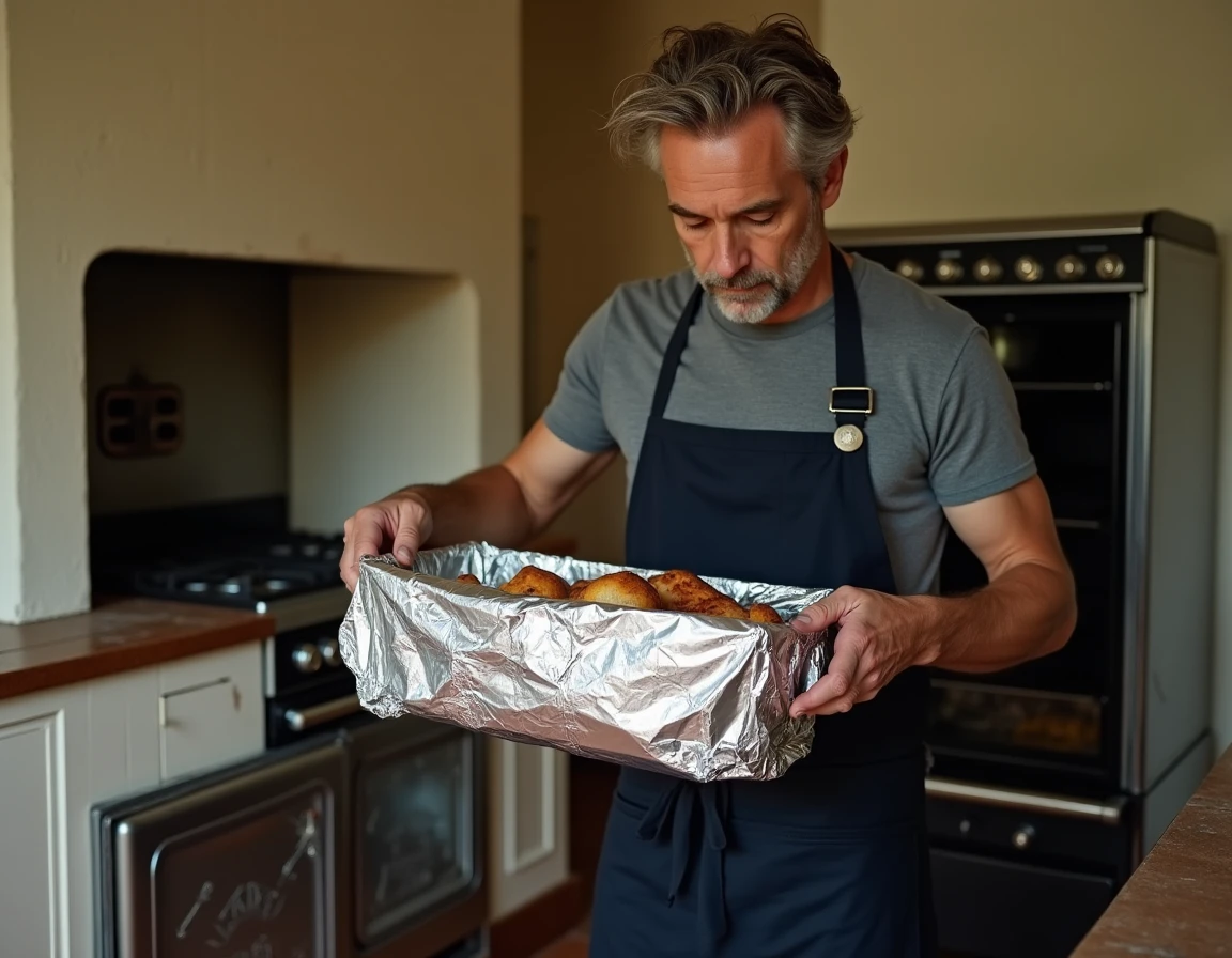 Homme enveloppant un plat de cuisson en aluminium pour retenir la vapeur dans un four traditionnel