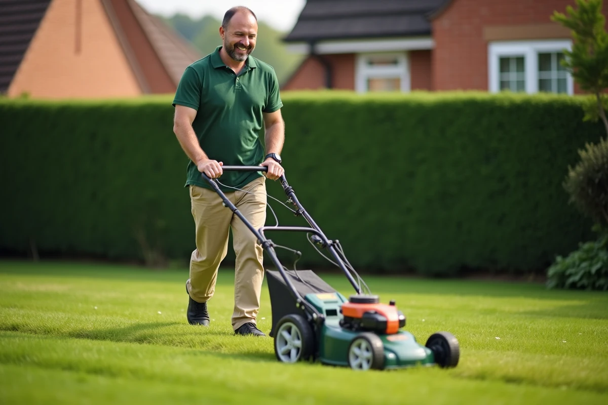 Homme en vert et khaki tondant la pelouse dans un jardin organisé