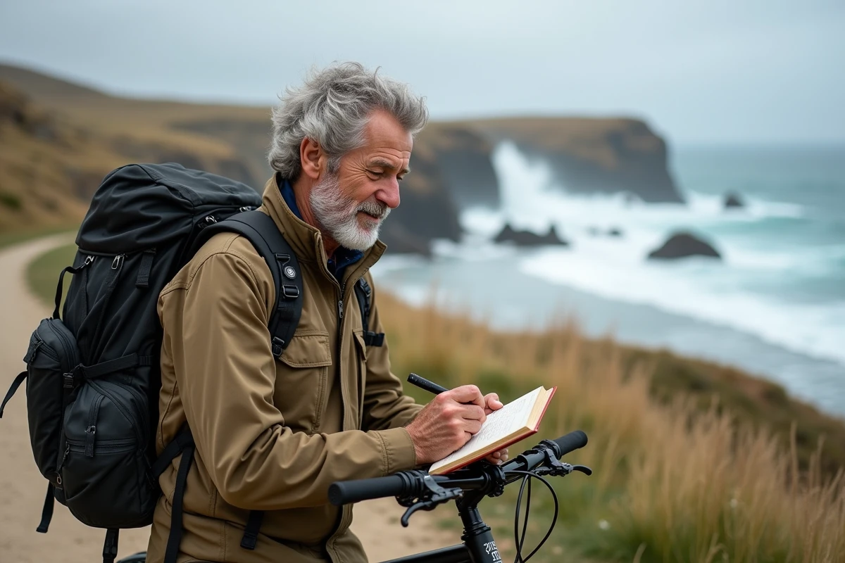 Homme écrivant près de son vélo en bord de mer