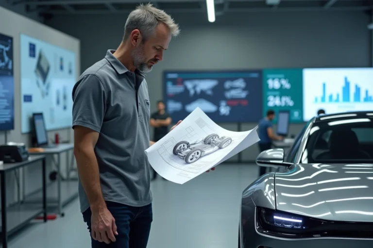 Ingénieur automobile examinant un plan de voiture électrique