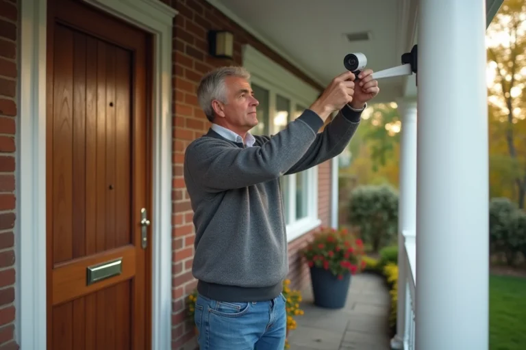Homme installant une caméra de sécurité devant une maison