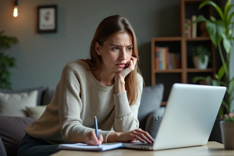 Jeune femme pensante au bureau avec ordinateur portable