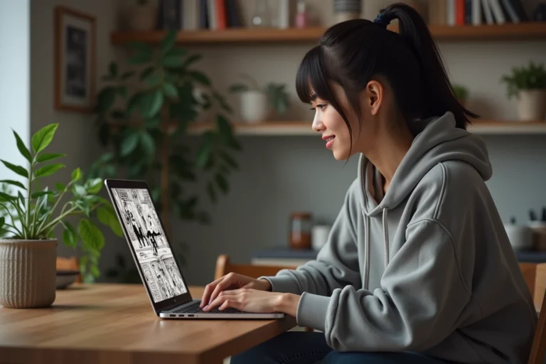 Jeune femme lisant manga sur son ordinateur dans un appartement moderne