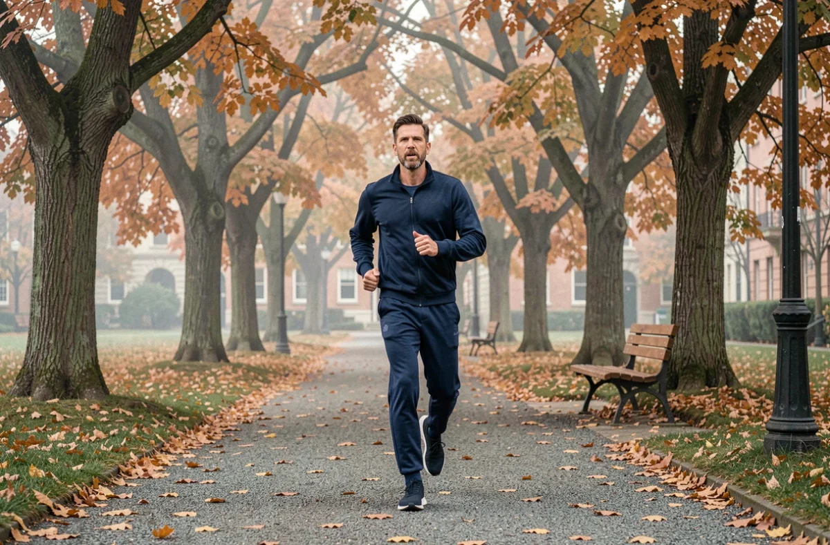 Homme faisant du jogging dans un parc urbain en automne pour maintenir une bonne santé physique au quotidien