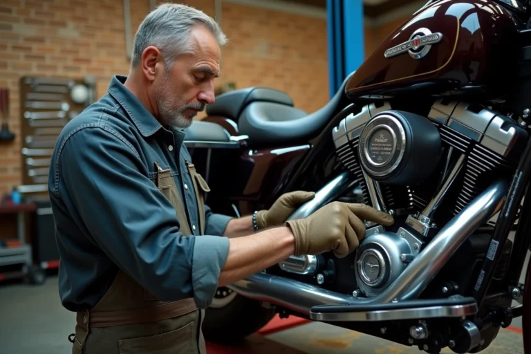 Mécanicien expérimenté inspectant le moteur V-twin d'une Harley Davidson dans un atelier authentique