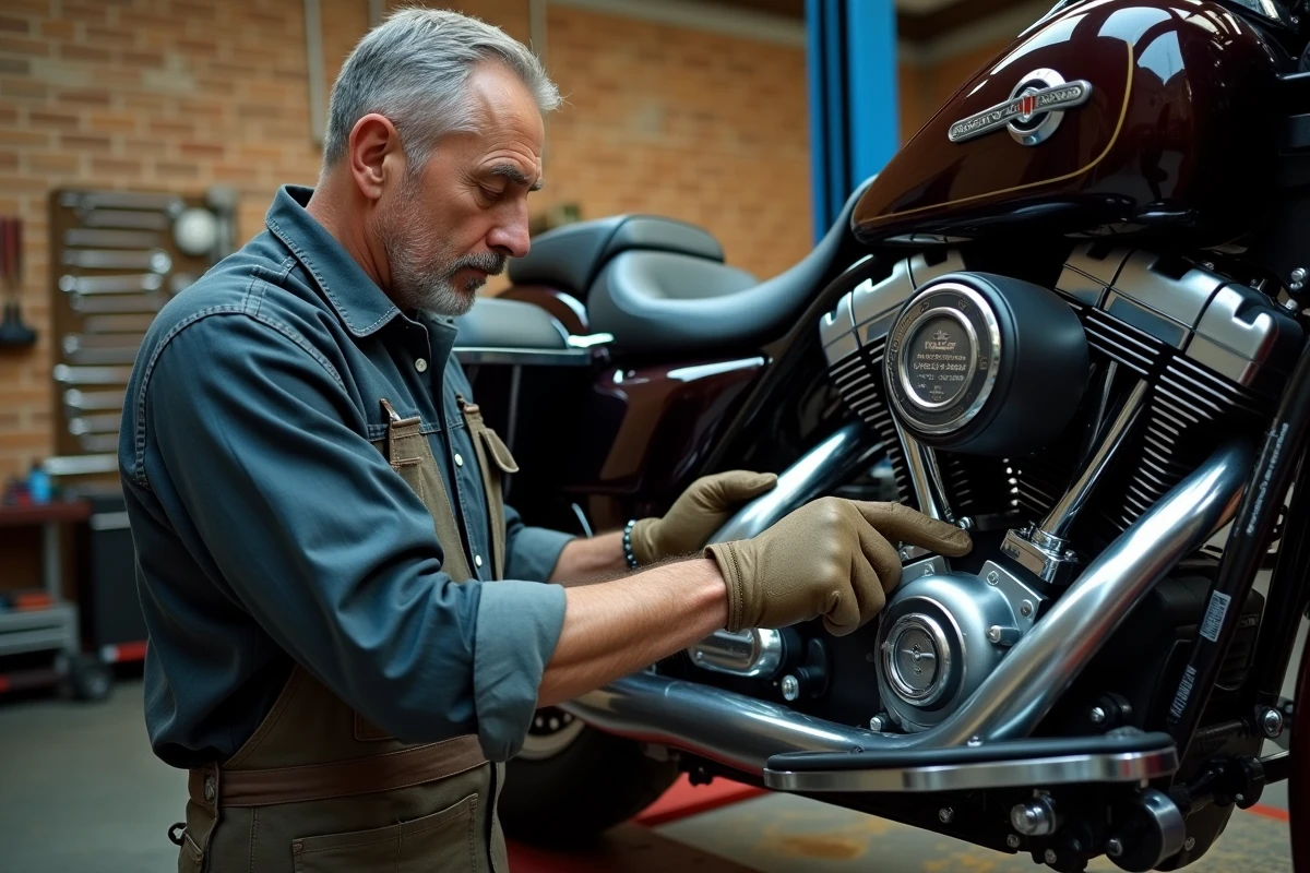 Mécanicien expérimenté inspectant le moteur V-twin d'une Harley Davidson dans un atelier authentique