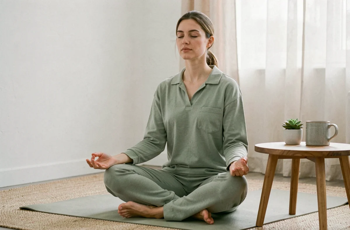 Jeune femme pratiquant la méditation dans un salon minimaliste pour réduire le stress et prendre soin de sa santé mentale