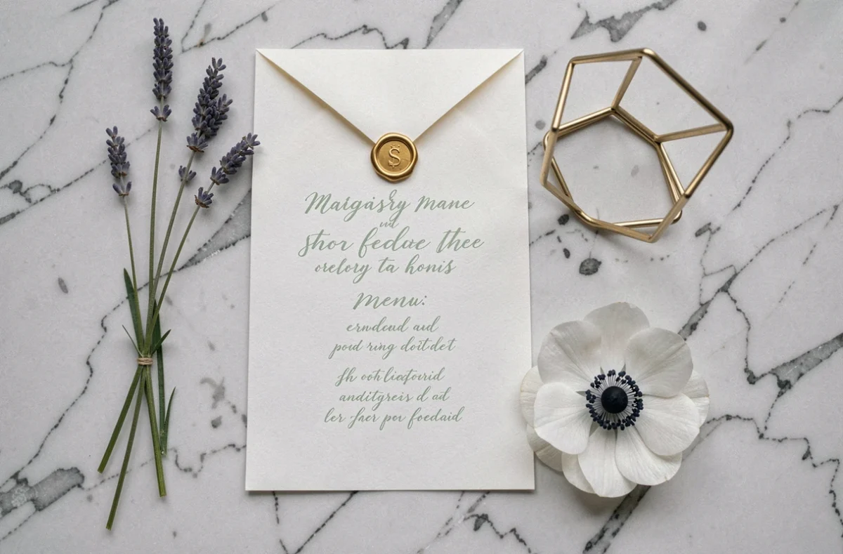 Flat lay de papeterie de mariage moderne avec menu manuscrit, sceau de cire et fleurs séchées sur marbre blanc
