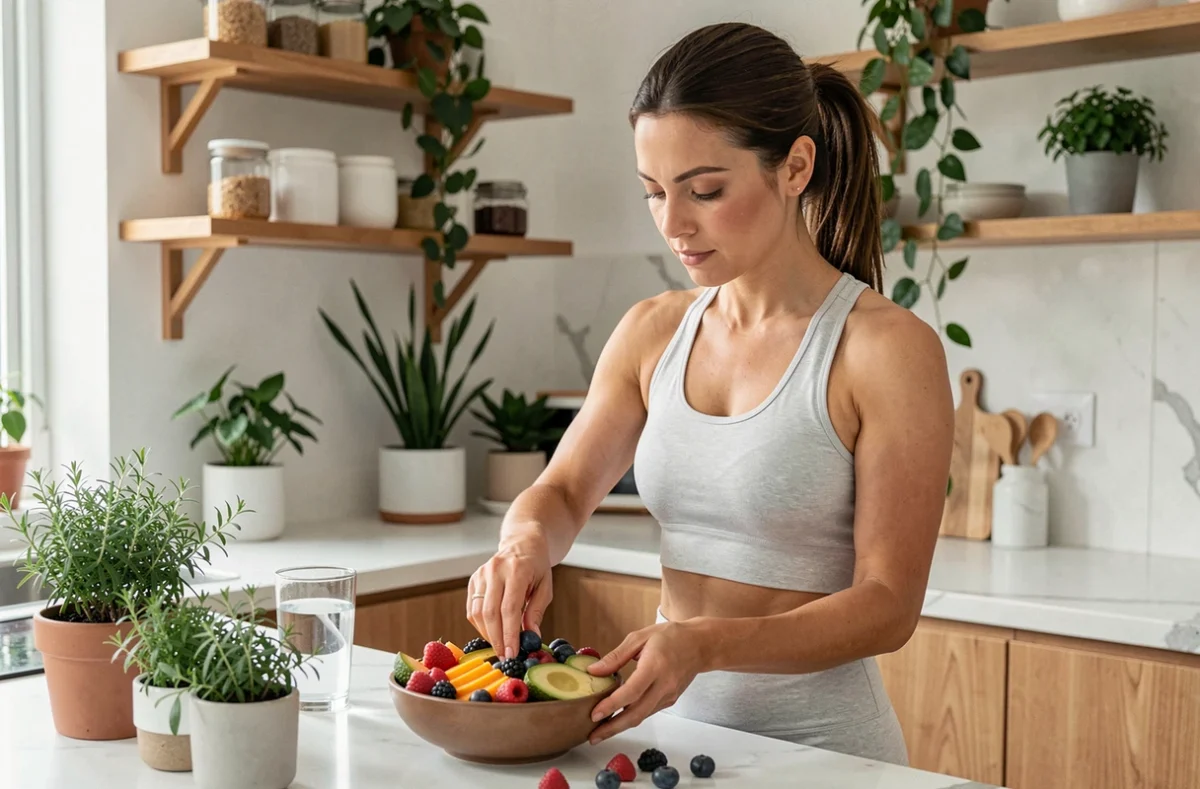 Femme préparant un bol de fruits et légumes frais dans une cuisine moderne pour prendre soin de sa santé au quotidien