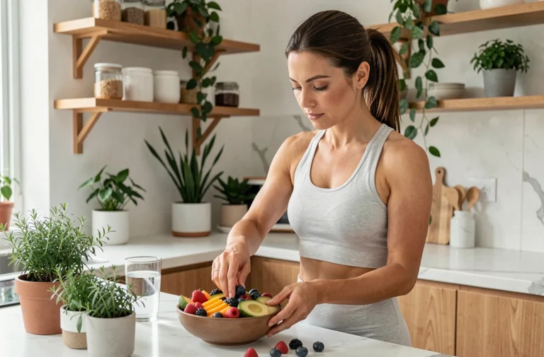 Femme préparant un bol de fruits et légumes frais dans une cuisine moderne pour prendre soin de sa santé au quotidien