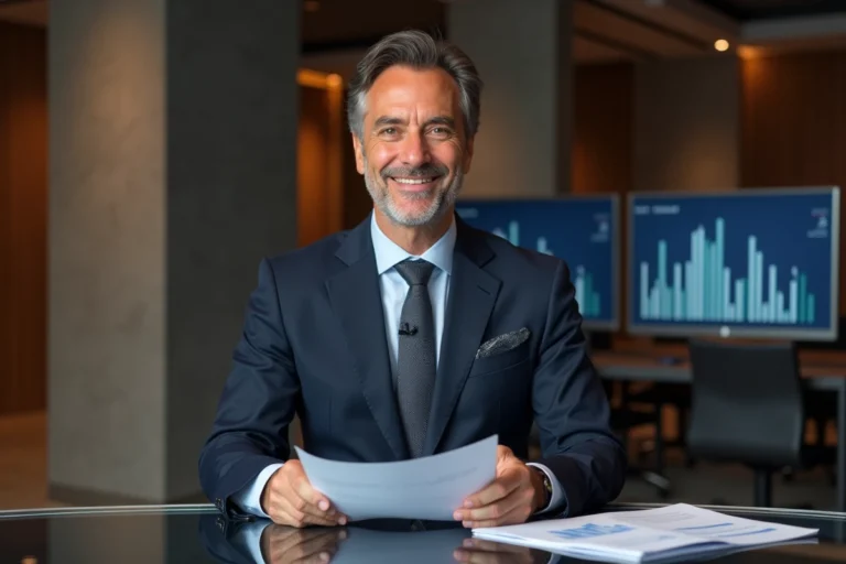 Présentateur TV français en costume élégant souriant