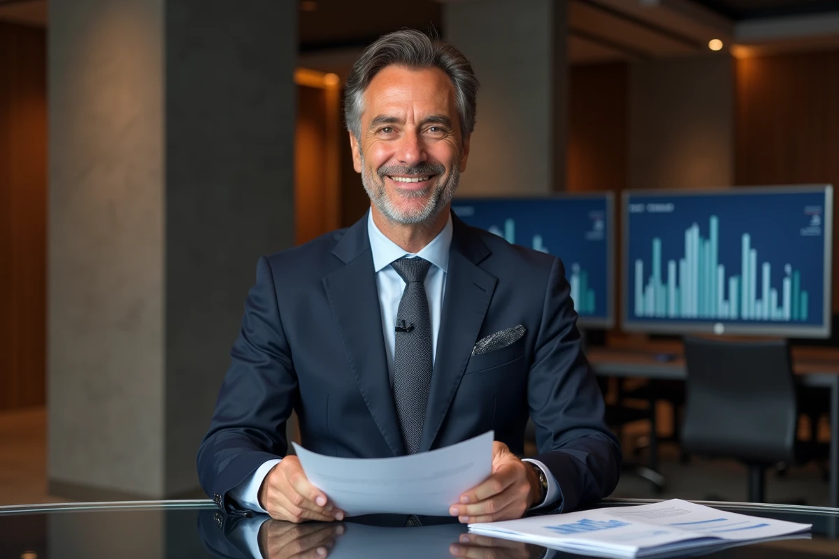 Présentateur TV français en costume élégant souriant