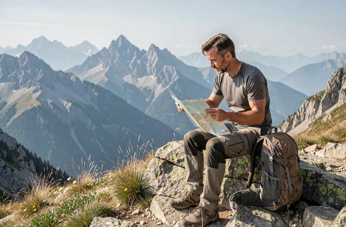 Randonneur consultant une carte topographique depuis un point de vue montagneux alpin