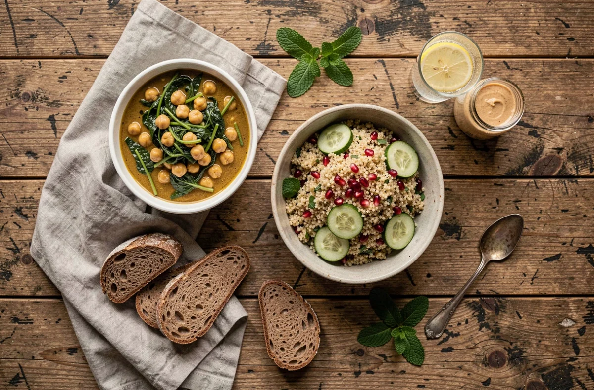 Vue aérienne d'un repas végétalien équilibré avec bol de curry de pois chiches, salade de quinoa et pain complet sur table en bois naturel