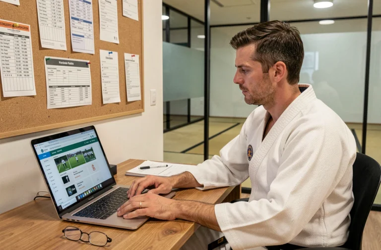 Responsable de club judo en kimono blanc gérant l'extranet FFJDA sur un ordinateur portable dans un bureau de club