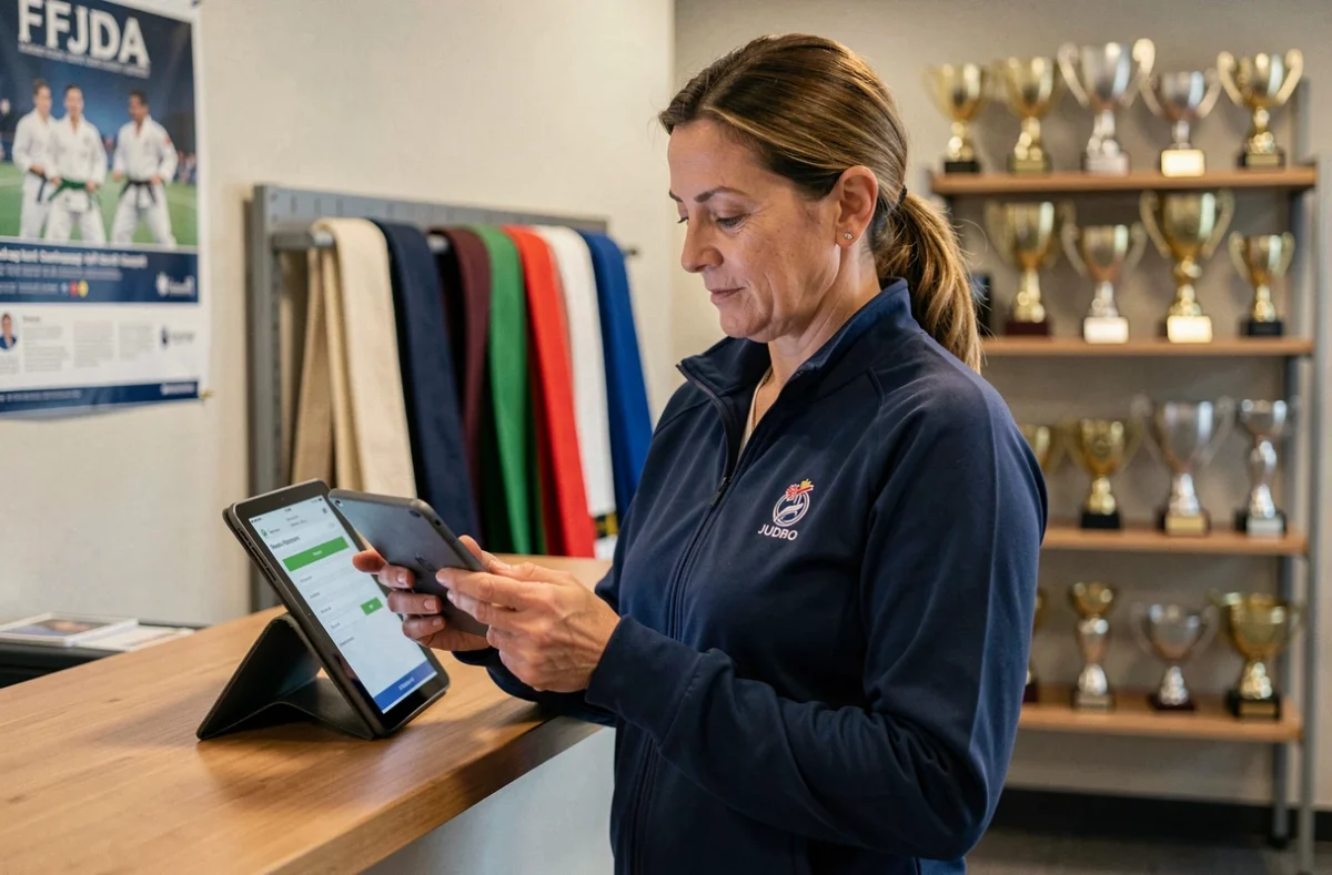 Responsable féminine d'un club de judo consultant l'interface d'inscription en ligne de la FFJDA sur une tablette à l'accueil