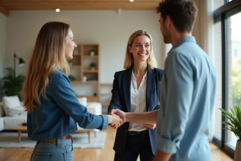 Femme souriante en blazer serre la main d'un couple dans un salon lumineux