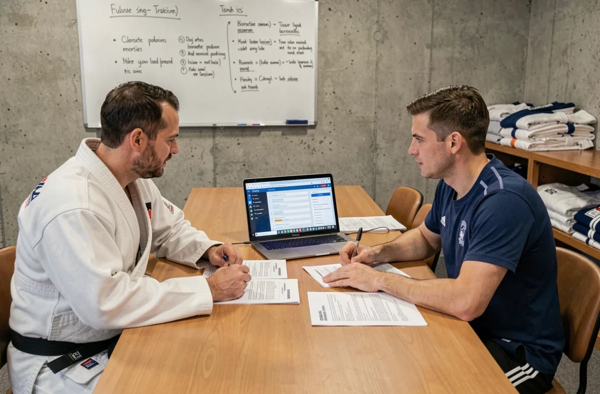 Deux membres d'un club de judo collaborant sur la gestion administrative et l'extranet FFJDA autour d'un ordinateur et de documents imprimés