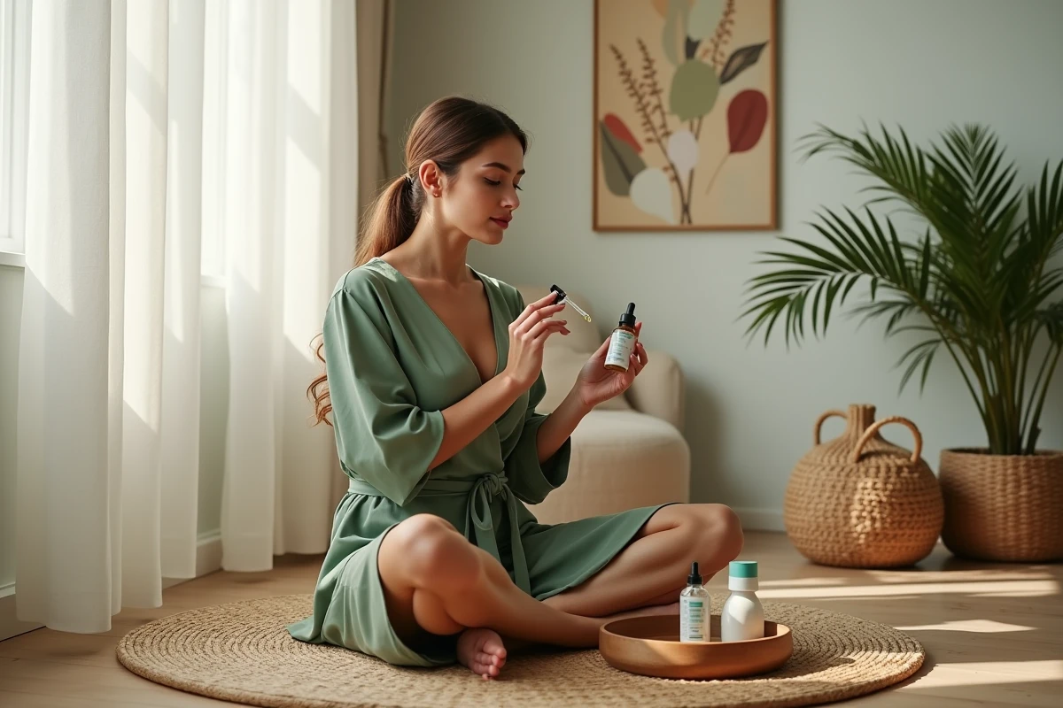 Femme appliquant un sérum visage lors d'un rituel de beauté quotidien dans un salon bohème avec des produits de soin naturels