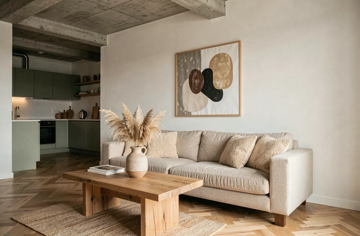 Salon moderne tendance 2024 avec canapé en lin beige, table basse en chêne brut et décoration naturelle épurée