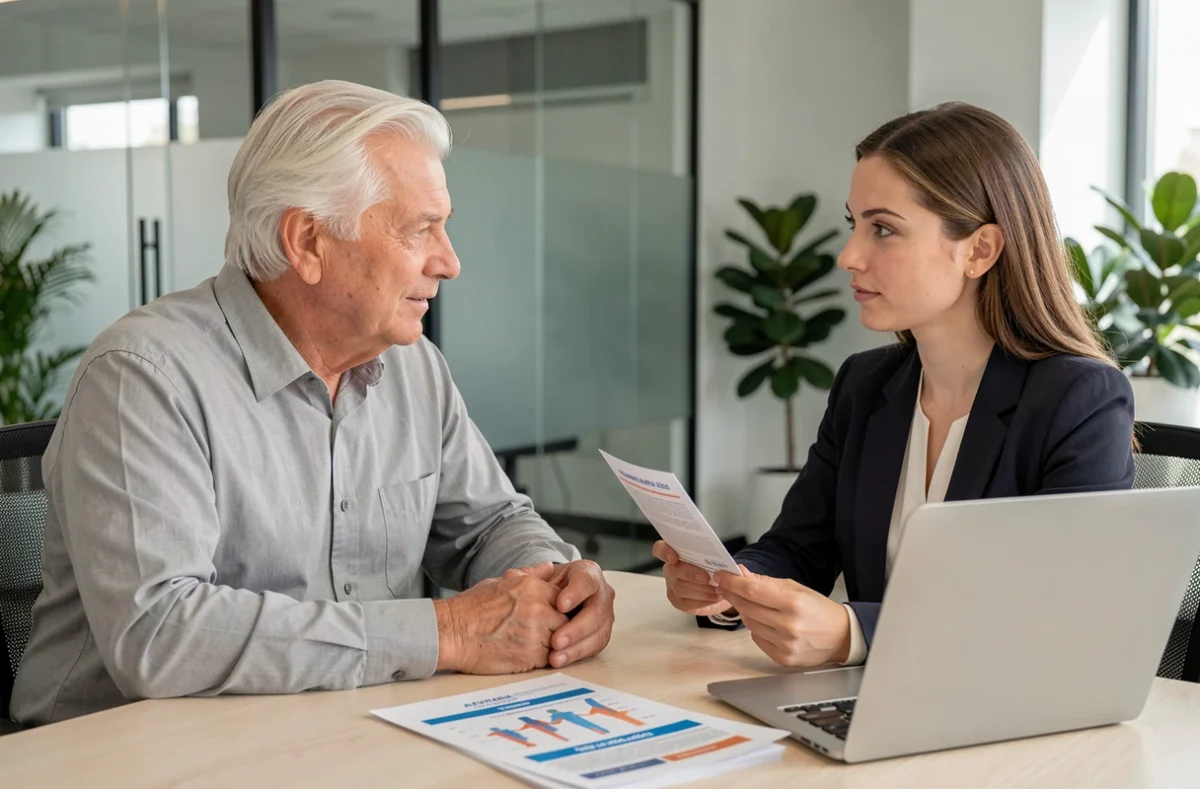 Senior homme en consultation avec un conseiller en assurance santé dans un bureau moderne
