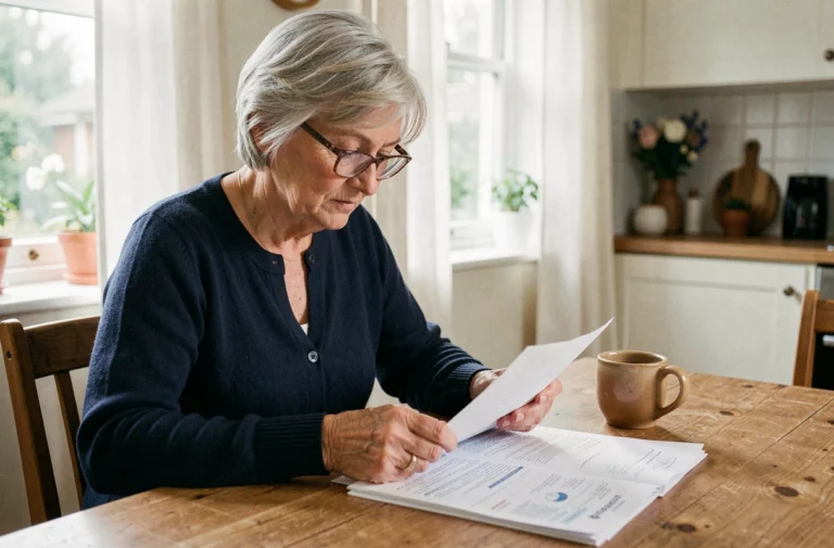 Femme senior consultant ses documents de santé et de remboursement médical à la maison